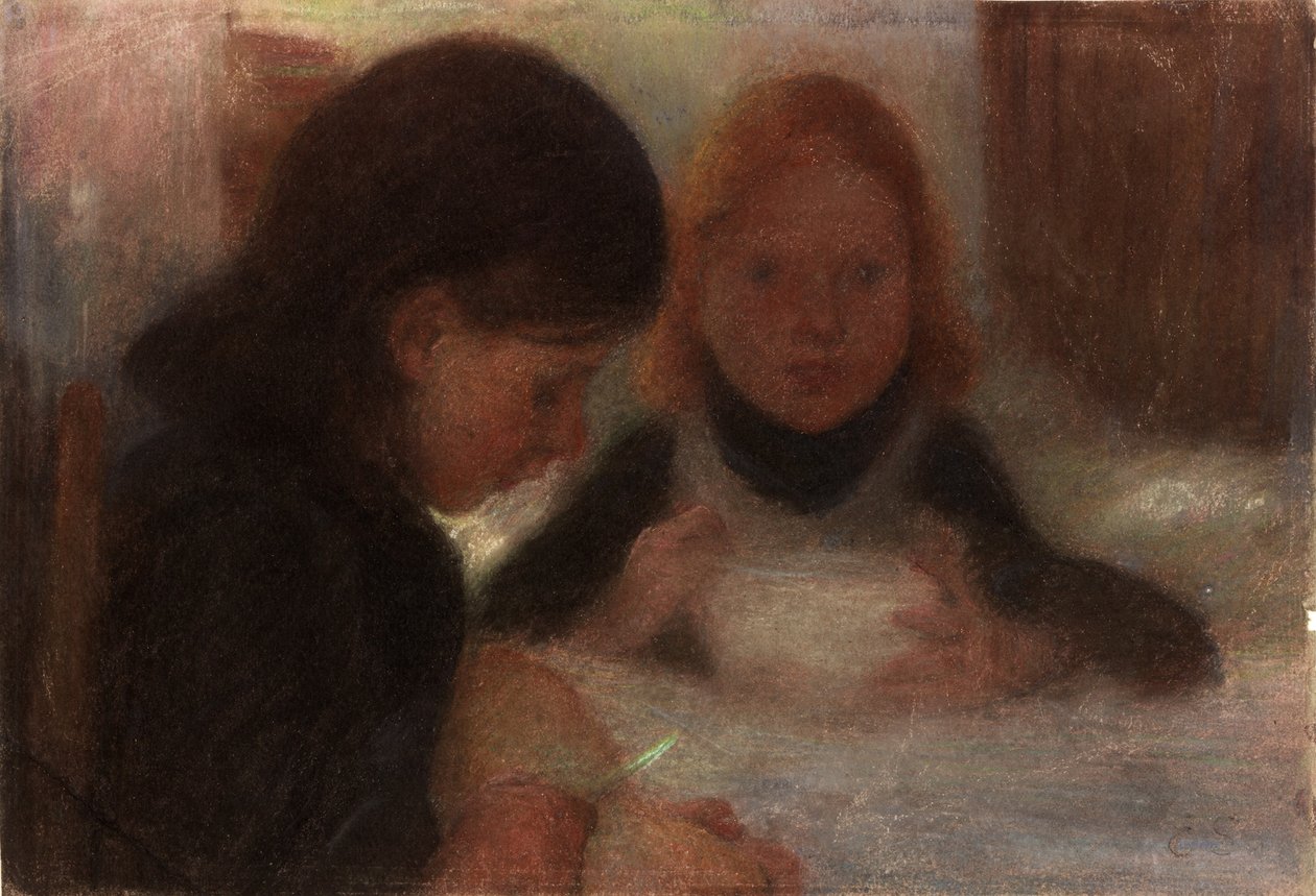 Tutkimus sunnuntaiaamuna (pastelli ja kynä paperille (kortille)) tekijältä William Edward Stott