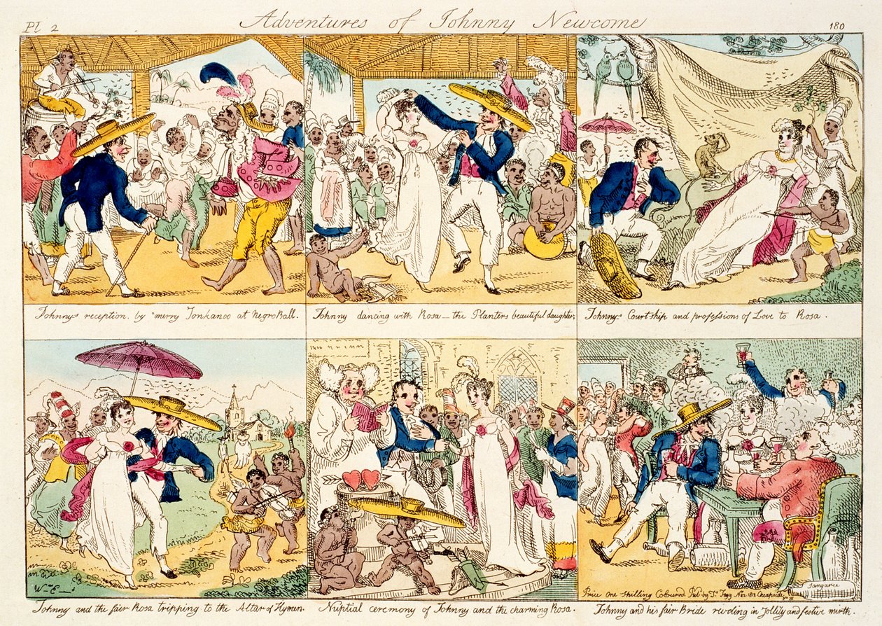 Johnny Newcomen seikkailut, julkaistu 1812 (värillinen etsaus) tekijältä William Elmes