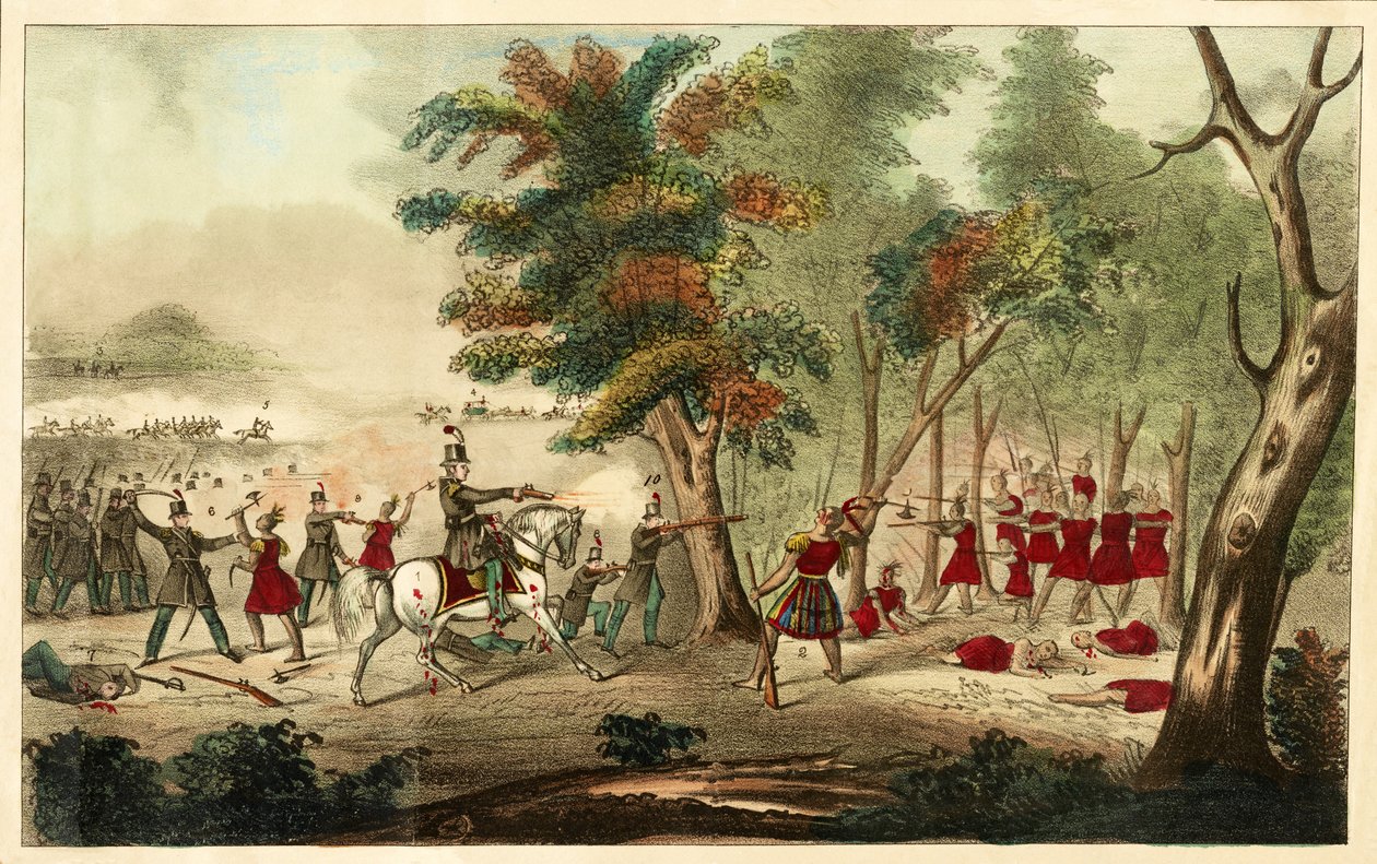 Thamesin taistelu ja Tecumsehin kuolema, eversti Richard M. Johnsonin johtamat Kentucky Mounted Volunteers, 5. lokakuuta 1813, 1833 (käsinvärinen litho) tekijältä William Emmons