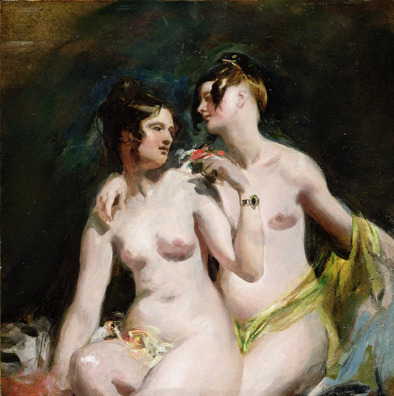 Kaksi naislakia (öljy paperille kankaalle) tekijältä William Etty