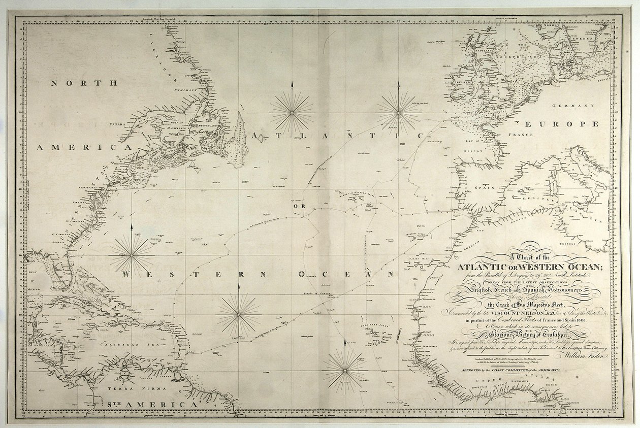 Atlantin tai läntisen valtameren kartta, joka näyttää Nelsonin laivaston jäljet, 12. toukokuuta - 15. elokuuta 1805, 1807 tekijältä William Faden