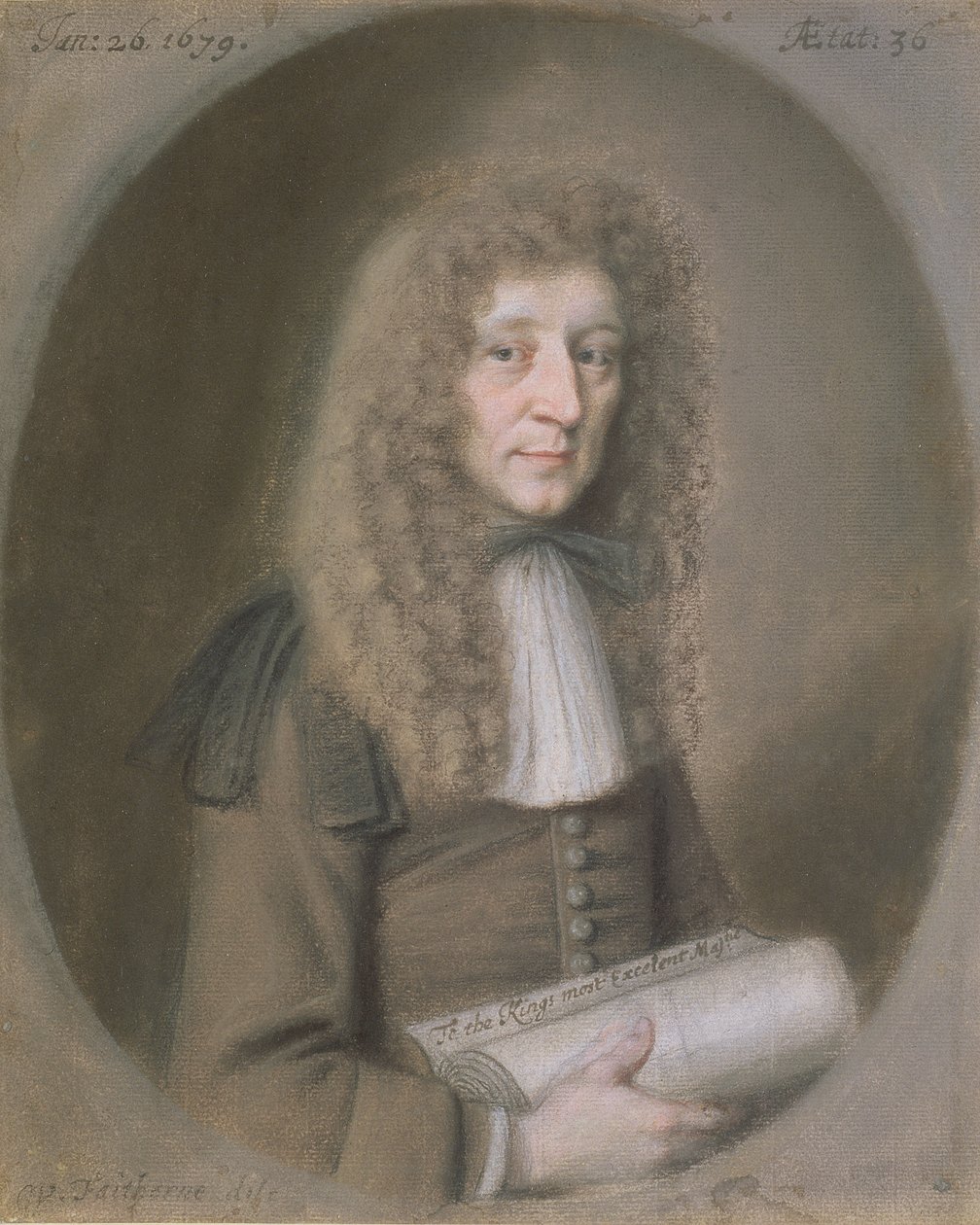 Miehen muotokuva, luultavasti Thomas Dare, 1679 (pastelli ja musta liitu paperille). tekijältä William Faithorne