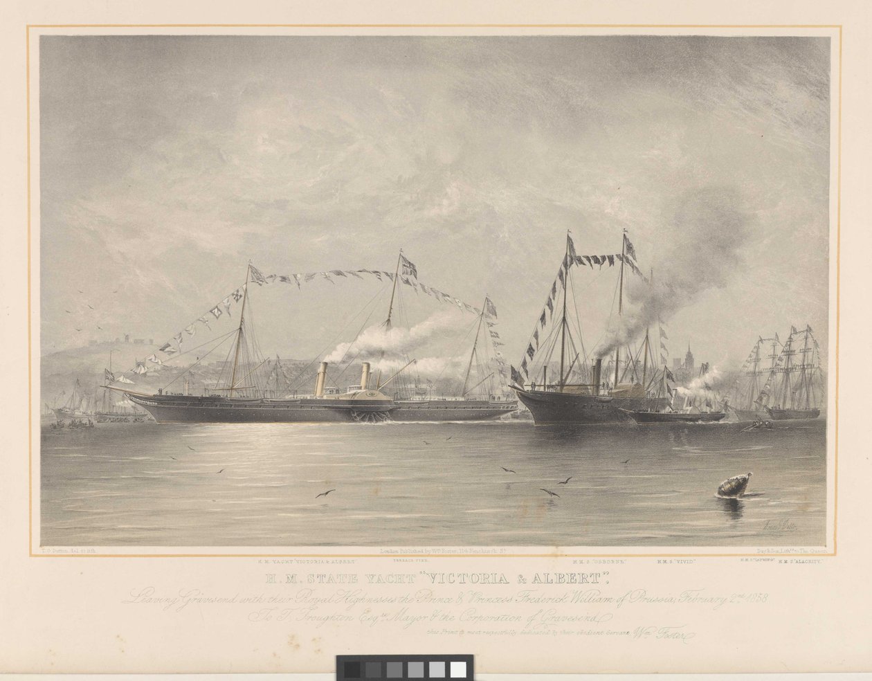 H.M. Osavaltion jahti Victoria & Albert, lähtiessään Gravesendistä kuninkaallisten korkeuksiensa kanssa, Preussin prinssi ja prinsessa Frederick William, 2. helmikuuta 1858    Taiteilijan allekirjoittama kilvessä. ei saatavilla tekijältä William Foster