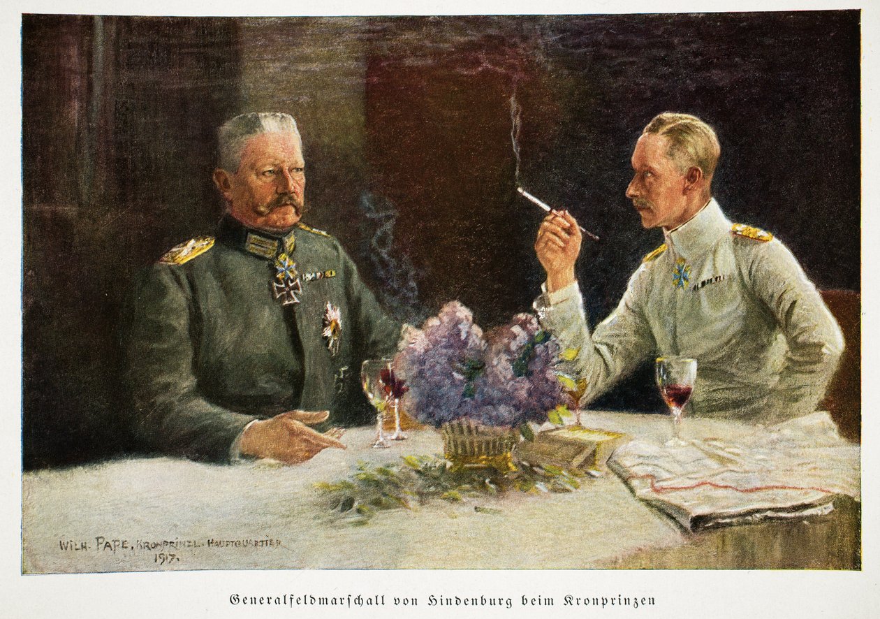 William, Saksan kruununprinssi ja kenraali marsalkka Von Hindenburg Kronprinzenissä, pubissa. 1917 tekijältä William Friedrich Georg Pape
