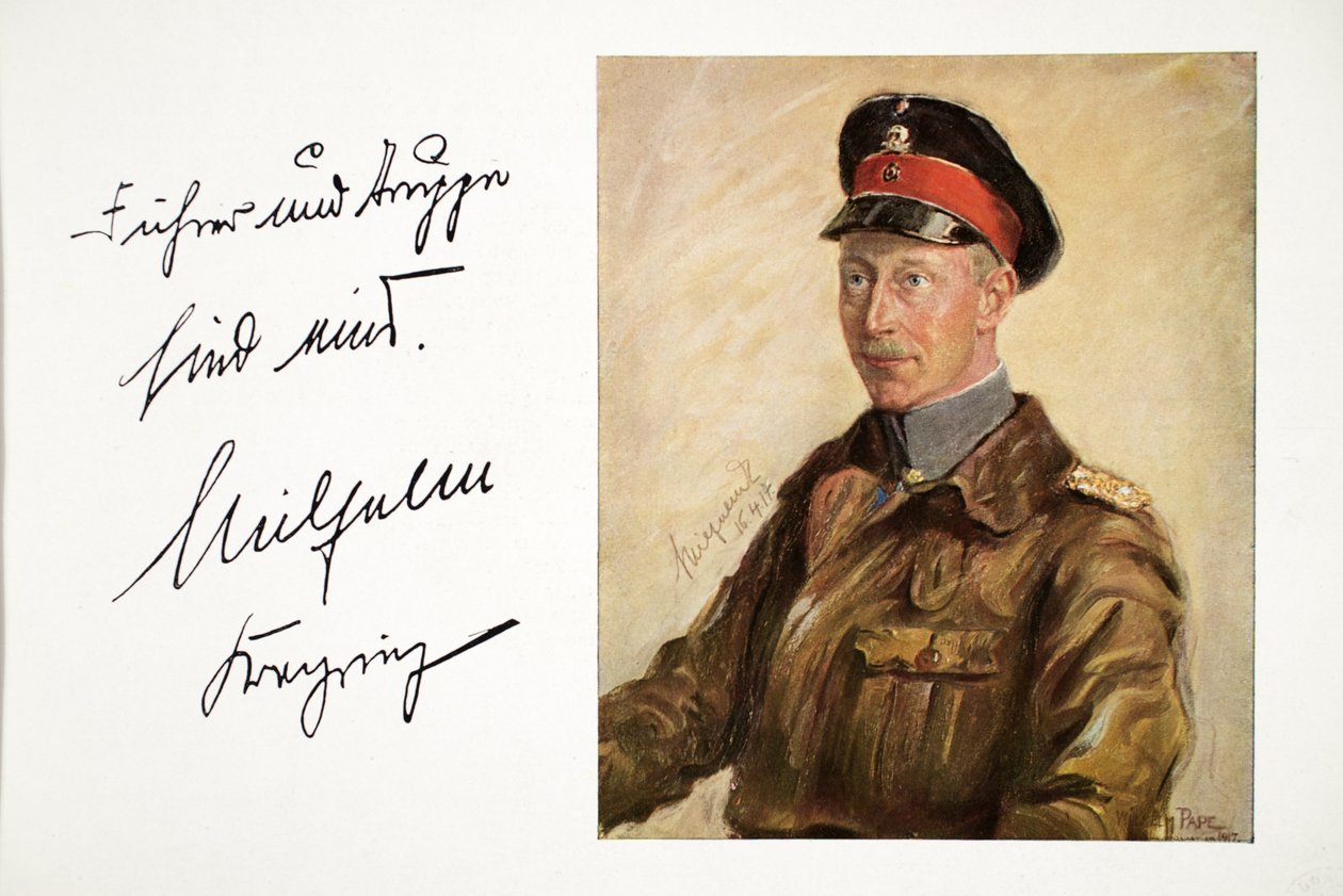 William, Saksan kruununprinssi armeijan univormussa, pubi. 16. huhtikuuta 1917 (värilitografia) tekijältä William Friedrich Georg Pape