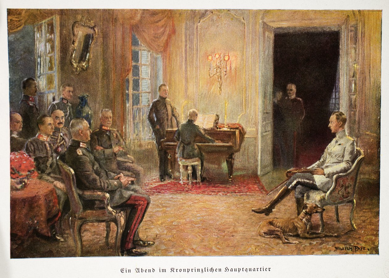 William, Saksan kruununprinssi kuuntelemassa pianokonserttia päämajassaan, pubissa. 1917 (värilitografia) tekijältä William Friedrich Georg Pape