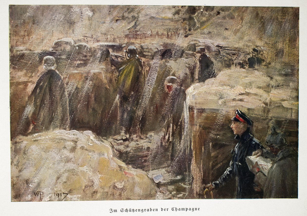 William, Saksan kruununprinssi vierailee joukkojen takana haudoissaan Champagne-pubissa. 1917 (värilitografia) tekijältä William Friedrich Georg Pape