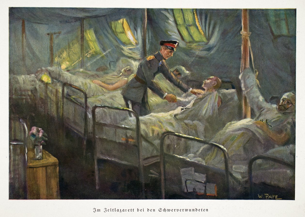 Saksan kruununprinssi Vilhelm vierailee haavoittuneiden sotilaiden luona kenttäsairaalassa, julkaisu n. 1917 (värilitografia). tekijältä William Friedrich Georg Pape