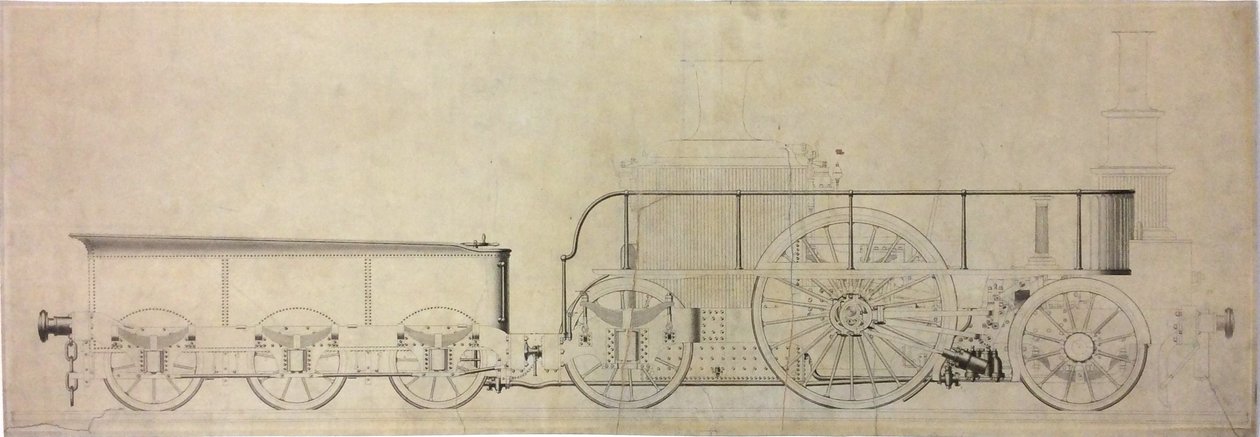 Kokeellisen lauhdeveturin rakennuspiirustus ennen vuotta 1848 tekijältä William George Armstrong