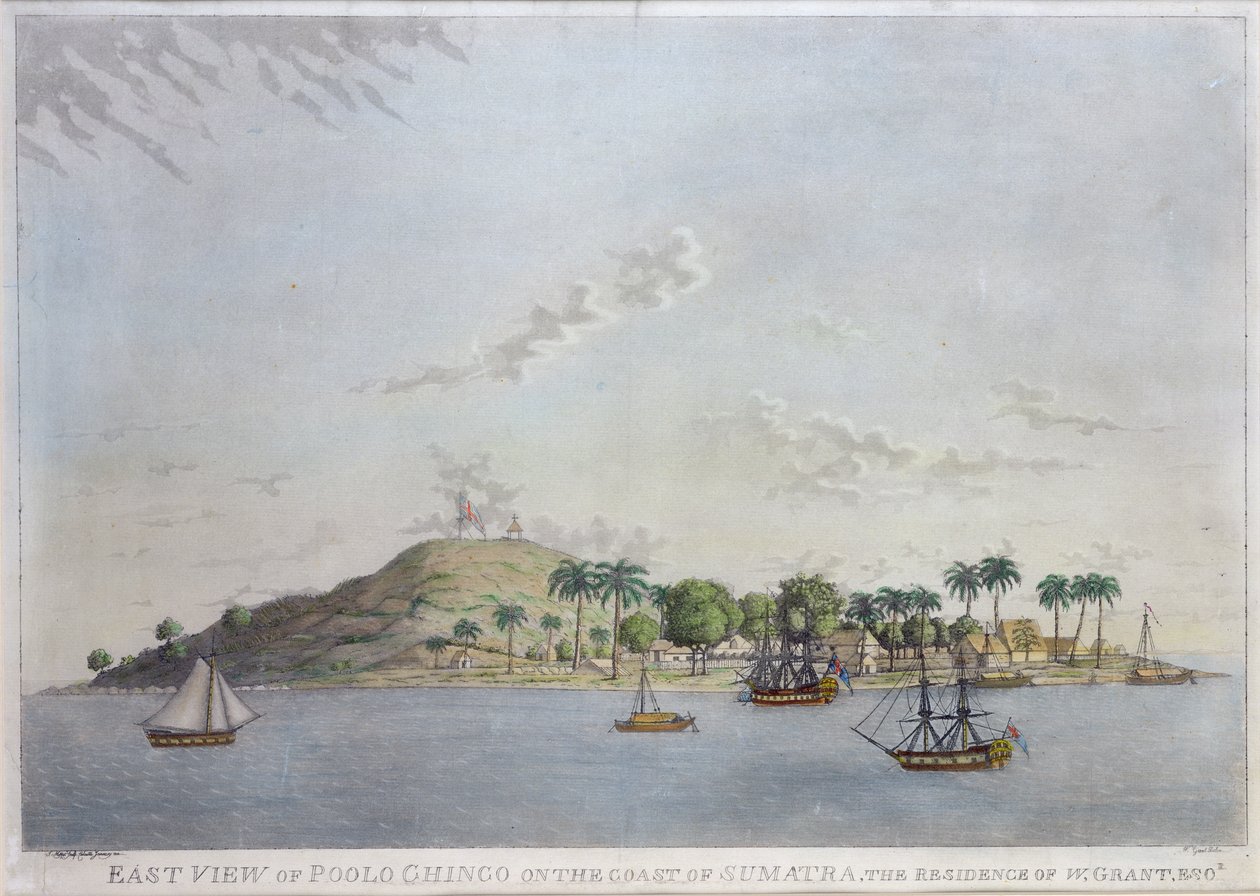 Itänäkymä Poolo Chincosta Sumatran rannikolla, W. Grant Esq.:n asuinalueella, kaiverrus James Moffat, 1802 (käsinvärinen akvatinta) tekijältä William James Grant