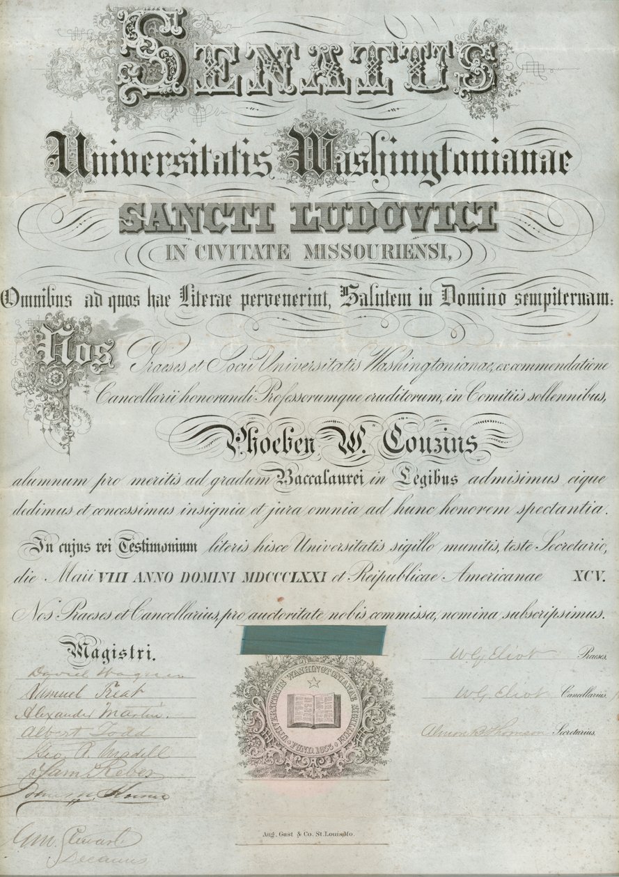 Washingtonin yliopiston tutkintotodistus Phoebe Couzinsista, allekirjoitettu presidentti W.G. Eliot et ai., 8. toukokuuta 1871 tekijältä William Greenleaf Eliot