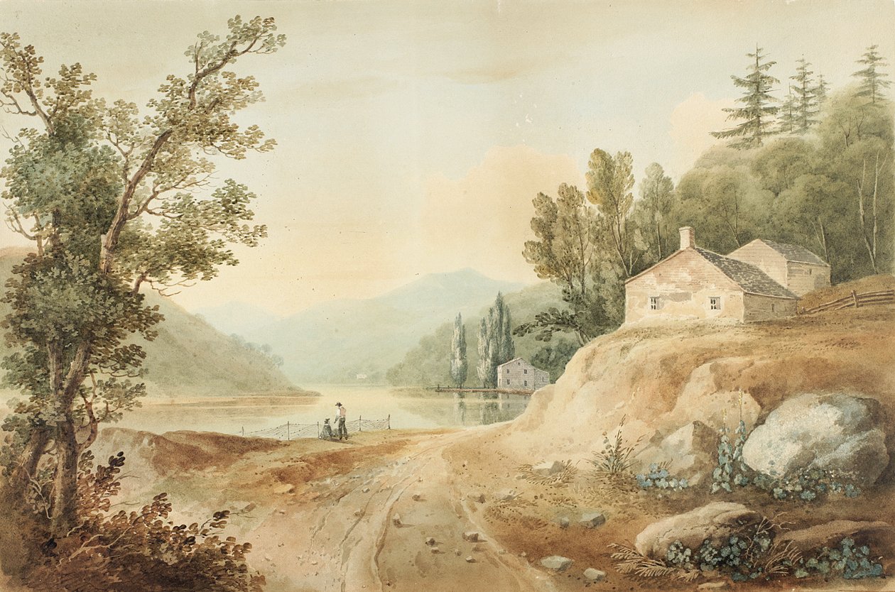 Näkymä New Yorkin Fishkillin lähellä: Hudson River PortFolion laatan 17 valmisteleva tutkimus, 1820 (akvarelli, grafiitti, selektiivinen lasitus ja raapiminen guassin kosketuksella paperille, asetettu o tekijältä William Guy Wall