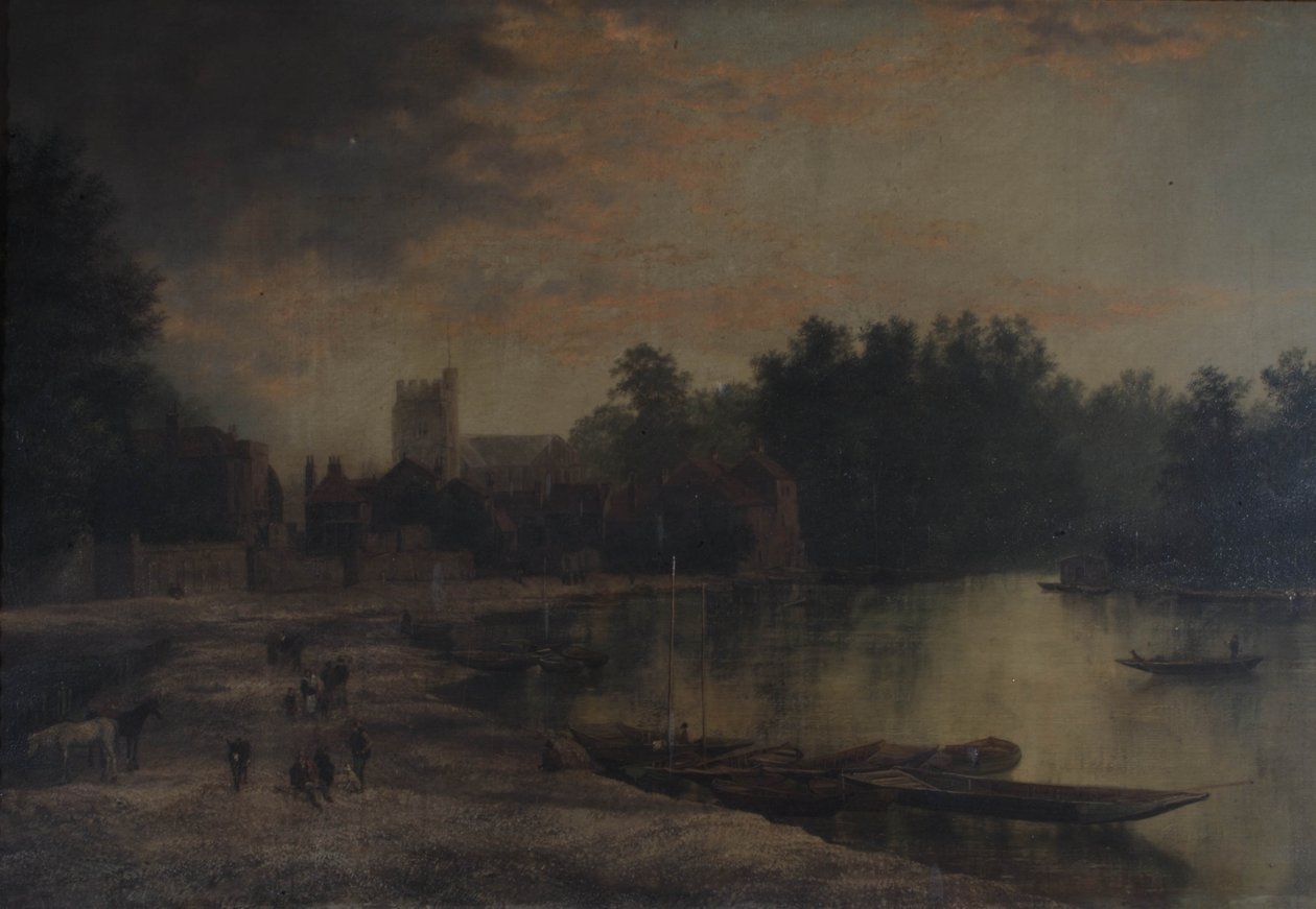 Twickenhamin seurakuntakirkko ja ankeriaspiirakkasaari, 1821 tekijältä William Hardurcke
