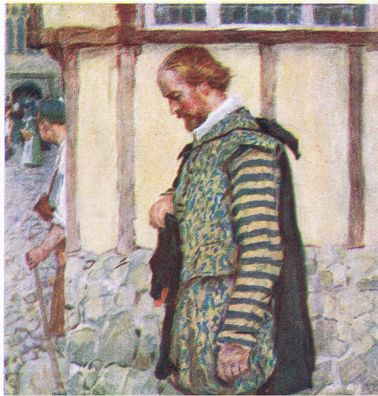 Shakespeare nostaa hattuaan kuultuaan ohimenevän kellon äänen My Magazinesta, pubista.1922 tekijältä William Hatherell