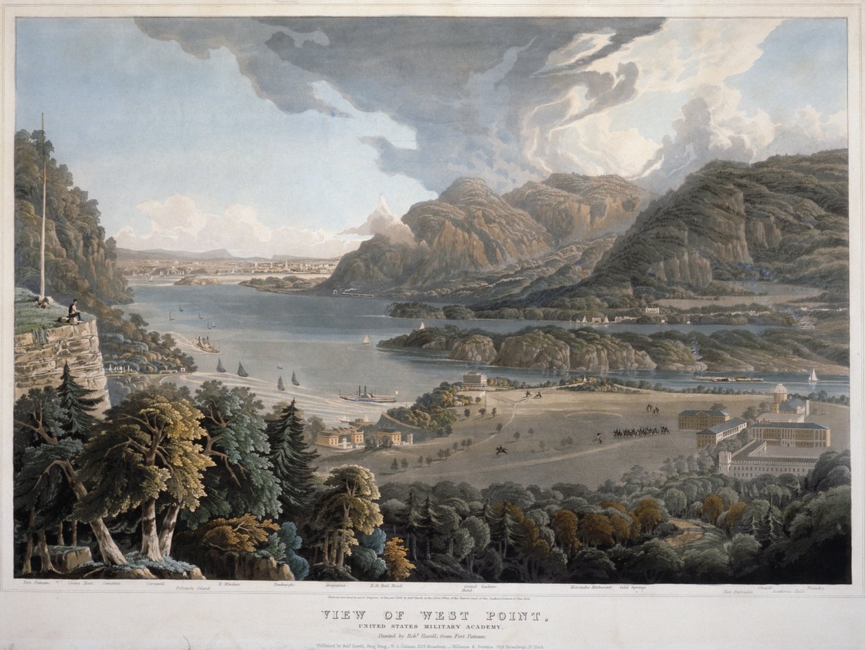 Näkymä West Pointista, Yhdysvaltain sotilasakatemiasta, 1848 (käsinvärinen akvatinta ja kaiverrus kudottupaperille) tekijältä William Havell