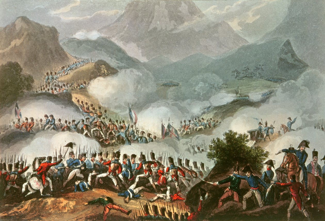 Pyreneiden taistelu, 28. heinäkuuta 1813, James Jenkinsin teoksesta The Martial Achievements of Great Britain and her Allies from 1799 - 1815, kaiverrus Thomas Sutherland (s. 1785) (värinen kaiverrus) tekijältä William Heath
