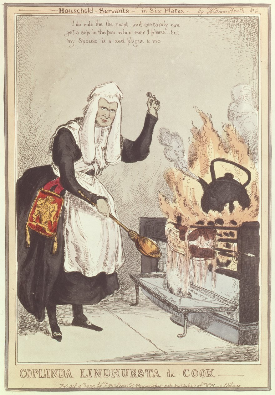Coplinda Lindhursta the Cook, nro 6 sarjasta Kotitalouspalvelijat, julkaistu vuonna 1829 tekijältä William Heath