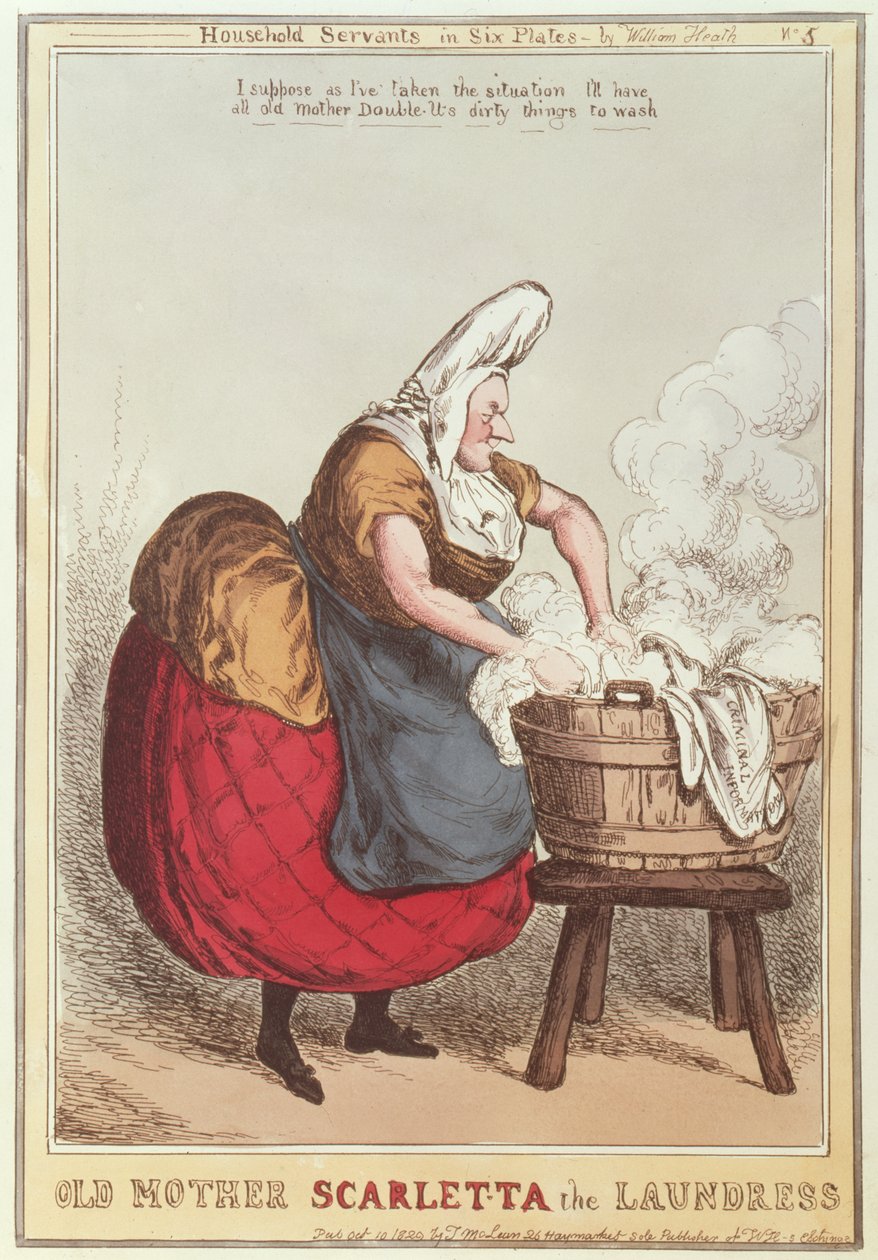 Vanha äiti Scarletta pesula, nro 5 sarjasta Kotitalouspalvelijat, julkaistu vuonna 1829 tekijältä William Heath
