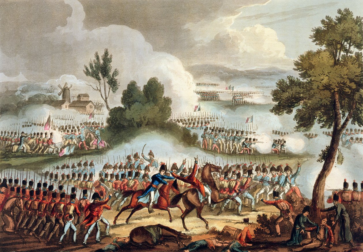 Brittiarmeijan vasen siipi toiminnassa Waterloon taistelussa, 18. kesäkuuta 1815, James Jenkinsin teoksesta The Martial Achievements of Great Britain and his Allies from 1799-1815, kaiverrus Tho tekijältä William Heath