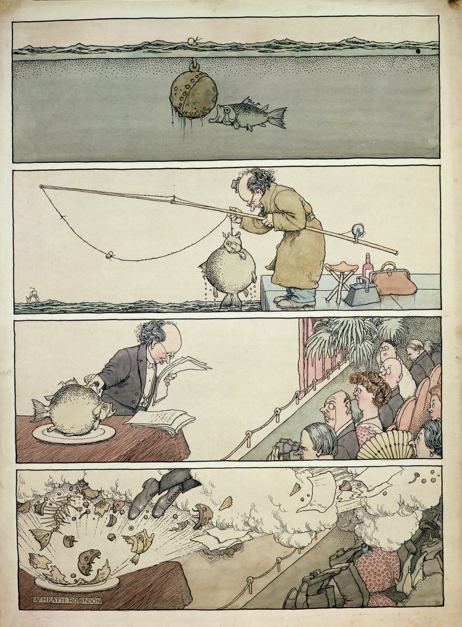 Huonekalut ja erilaiset esineet 1100- ja 1300-luvuilta tekijältä William Heath Robinson