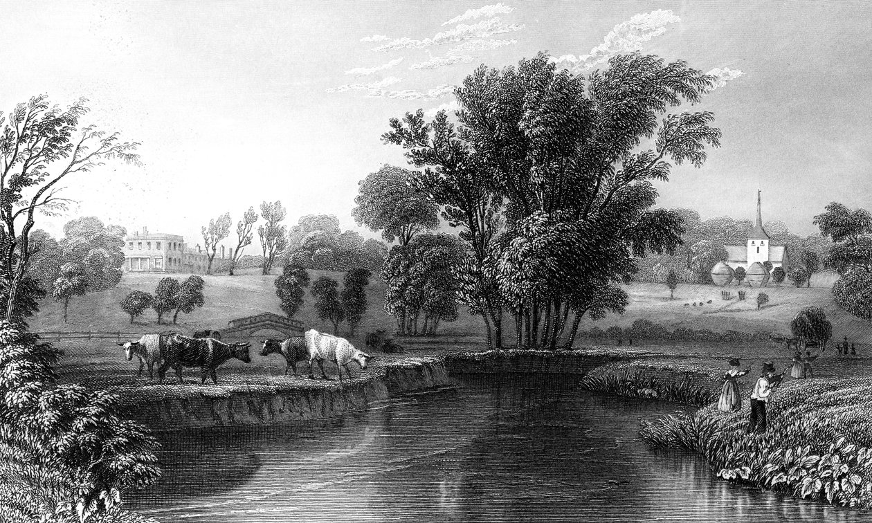 Stisted Hall ja kirkko, Essex, kaiverrus William Wallis, 1832 tekijältä William Henry Bartlett