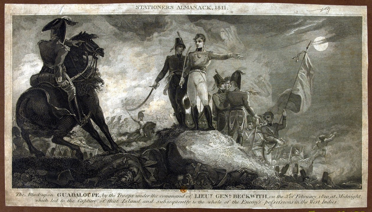 Hyökkäys Guadeloupeen kenraaliluutnantti Beckwithin johtamien joukkojen toimesta 3. helmikuuta 1810 keskiyöllä T. Edwardsin kaivertamasta "The Stationer