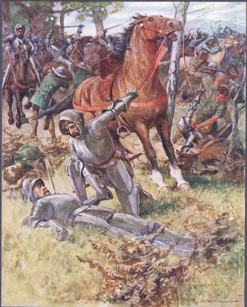 Sitten erottuaan elämästä Earl Percy otti kuolleen miehen kädestä, kuva julkaisusta Ballads of Famous Fights, n. 1900 tekijältä William Henry Charles Groome