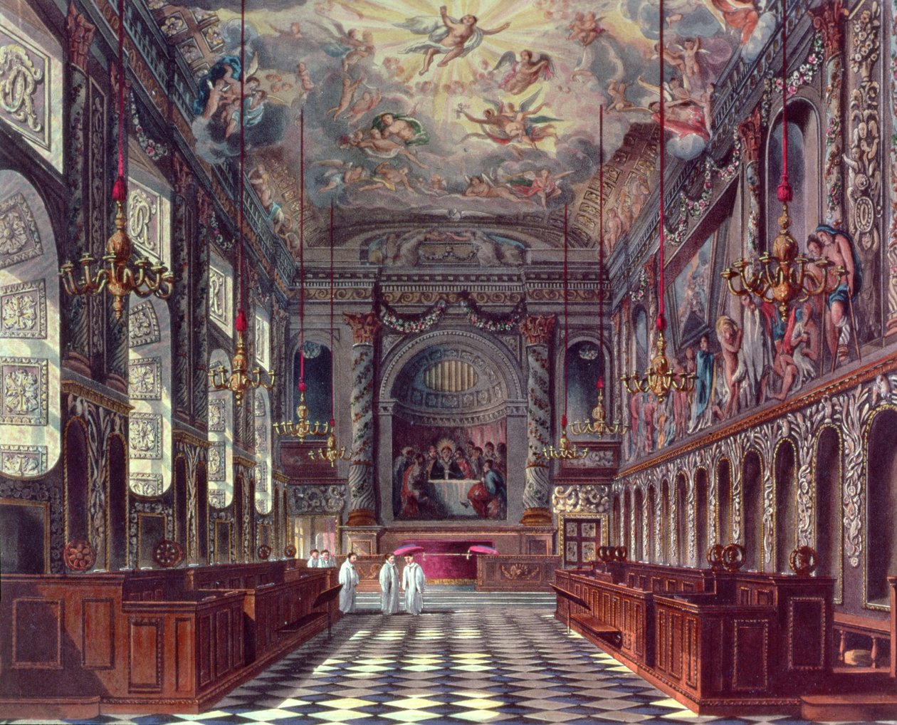 Kuninkaallinen kappeli, Windsorin linna Pynes Royal Residencesistä, 1818 tekijältä William Henry Pyne