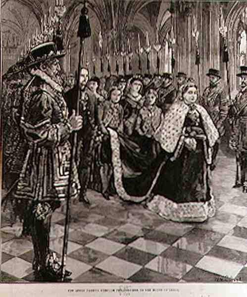Kuningatar kulkee käytävän kautta Lordihuoneeseen, The Illustrated London News, 30. tammikuuta 1886 tekijältä William Heysham after Overend