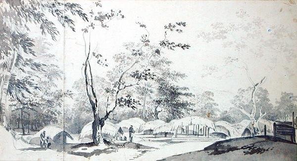 Näkymä kukkulakylästä Baugelepoorin alueella (Bhagalpur) 1783 (harmaa pesu ja grafiitti kahdella liitetyllä paperilla) tekijältä William Hodges
