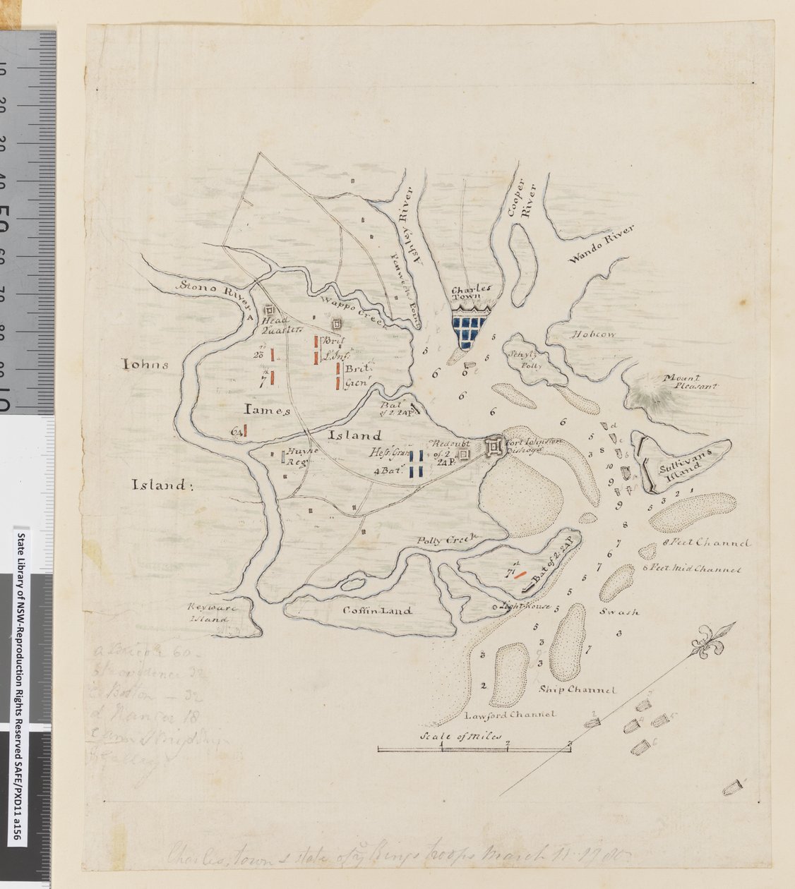 Sivu 37b Charlestownin kartta ja Kingsin osavaltio, 11. maaliskuuta 1780 (lyijykynä, kynä ja muste) tekijältä William Hodges