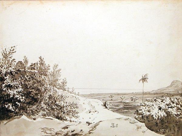 Näkymä Sakrigalin solalta itään kohti Bengalia, n. 1781 (harmaa pesuaine, kynä ja musta muste grafiitin päällä asetetulla paperilla) tekijältä William Hodges