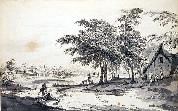 Näkymä intiaanikylästä, jossa mies istuu etualalla, n. 1781–1783 (harmaa pesuaine, kynä ja musta muste ja grafiitti taidepaperilla) tekijältä William Hodges