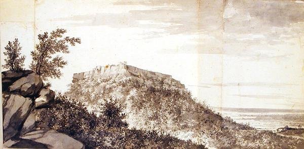 Näkymä Bidjegurin linnoituksesta (Bijagarh) n. 1781 (harmaa pesu ja grafiitti liitettyjen paperipalojen päällä) (katso myös 174459) tekijältä William Hodges