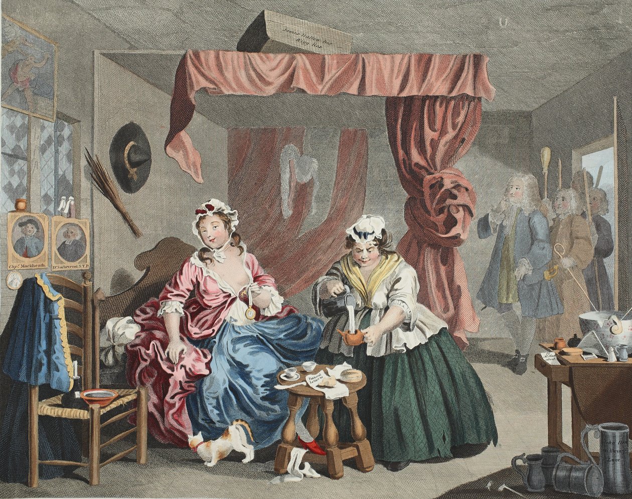 Porton edistyminen, Levy III: Tuomari pidätti, kuvitus teoksesta "Hogarth Restored: The Whole Works of kuuluisan William Hogarthin, uudelleenkaiverrettu Thomas Cook", pub. 1812 (käsin väri tekijältä William Hogarth