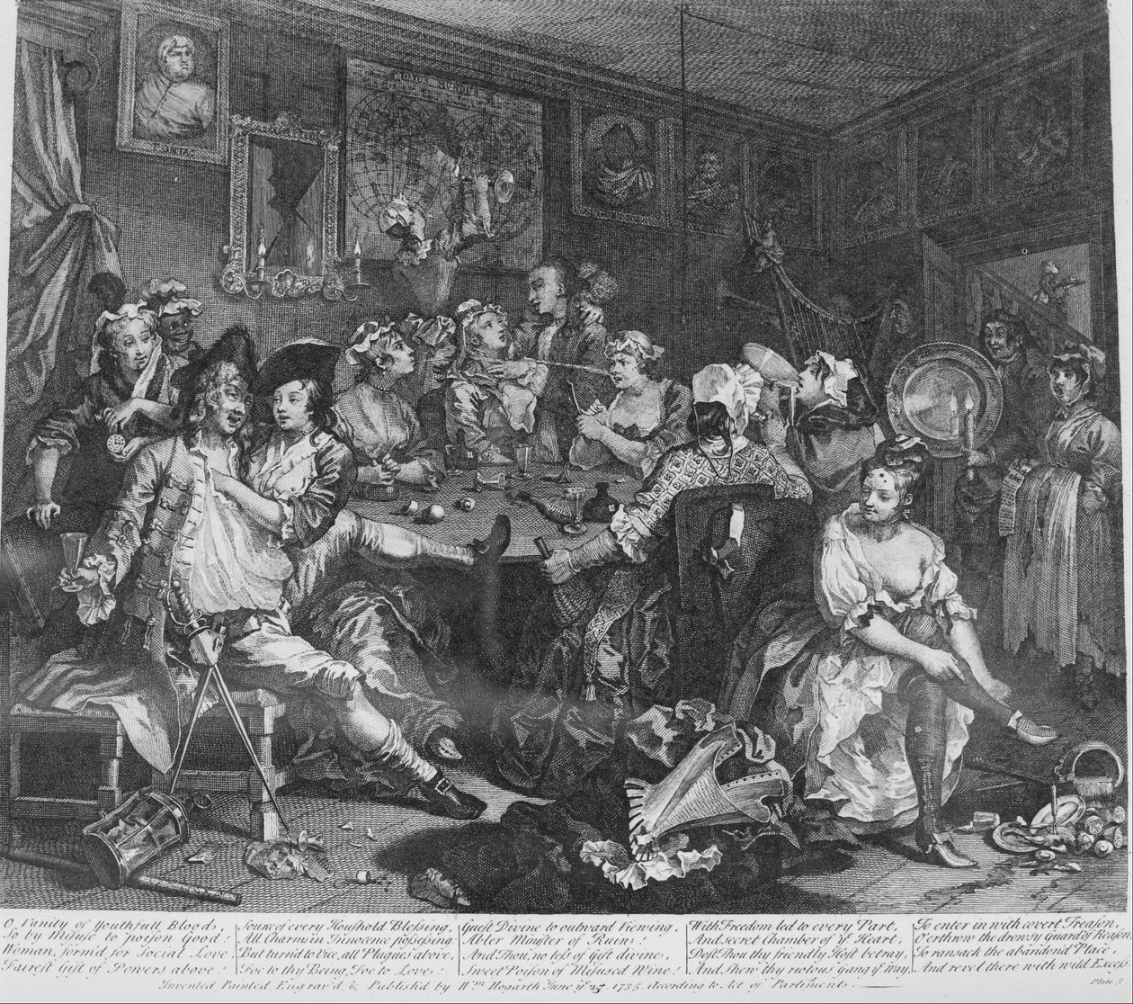 A Rakes Progress, levy 3, tavernakohtaus tekijältä William Hogarth