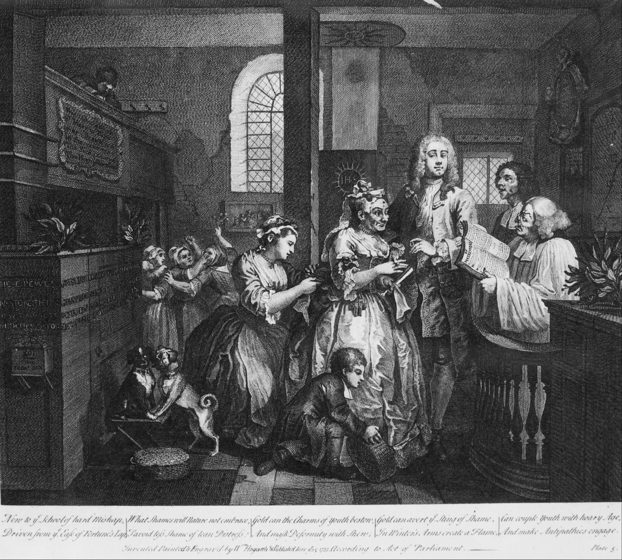 Haravien edistyminen, levy 5, naimisissa vanhan palvelijattaren kanssa tekijältä William Hogarth