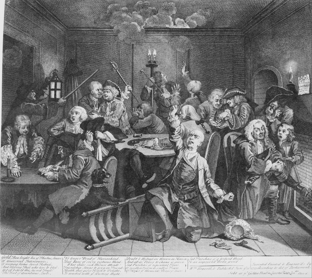 Haravien edistyminen, levy 6, kohtaus pelitalossa tekijältä William Hogarth
