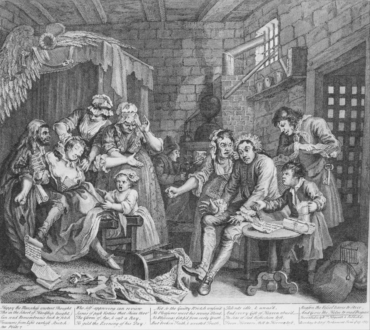 A Rakes Progress, levy 7, Vankila -kohtaus tekijältä William Hogarth