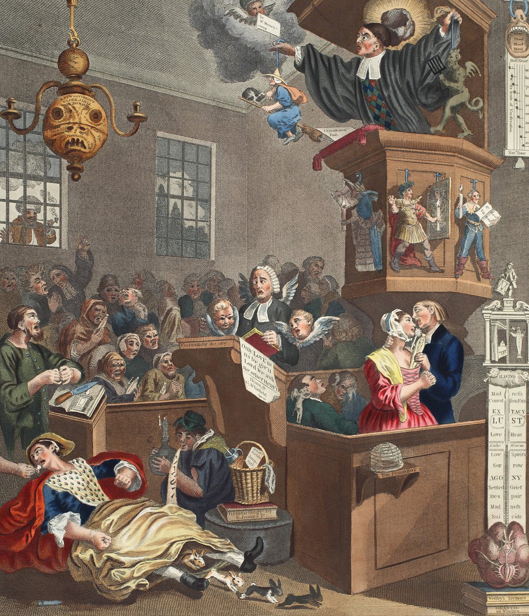 Uskollisuus, taikausko ja fanaattisuus, kuvitus teoksesta "Hogarth Restored: The Whole Works of kuuluisan William Hogarthin, uudelleenkaiverrettu Thomas Cook", pub. 1812 (käsinvärinen kaiverrus) tekijältä William Hogarth