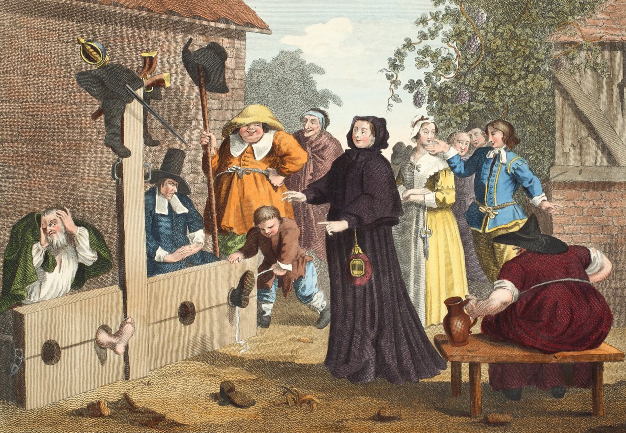 Hudibras ja Ralpho varastoissa, Samuel Butlerin Hudibrasista (1612-80, kuvitus teoksesta Hogarth Restored: The Whole Works of the kuuluisan William Hogarthin, uudelleenkaiverrettu Thomas Cook), pub. tekijältä William Hogarth