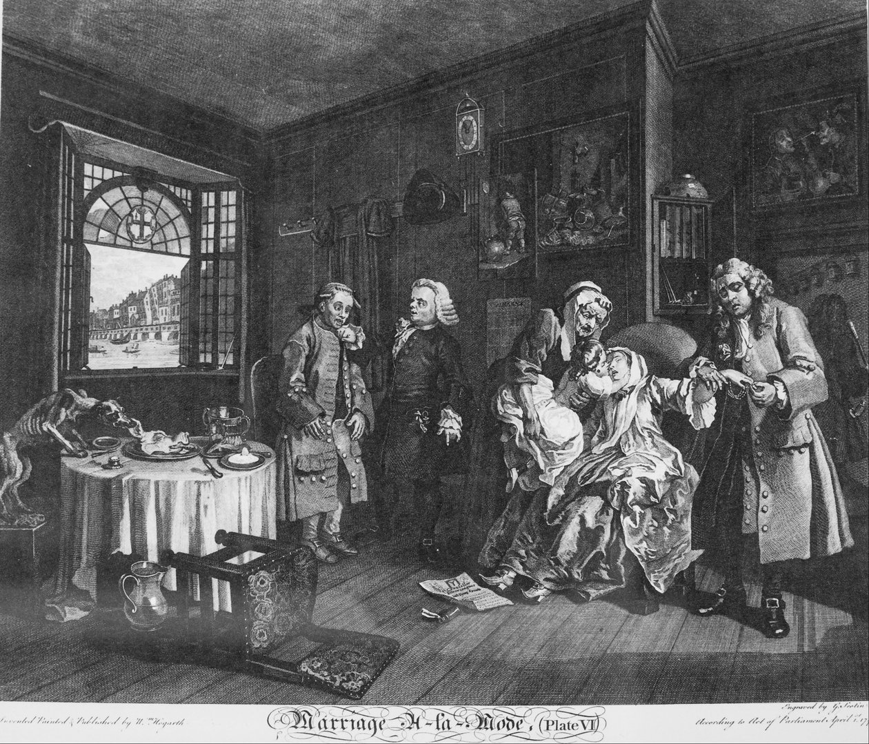 Avioliitto à la Mode, levy 6, (Kreivitärin kuolema) tekijältä William Hogarth