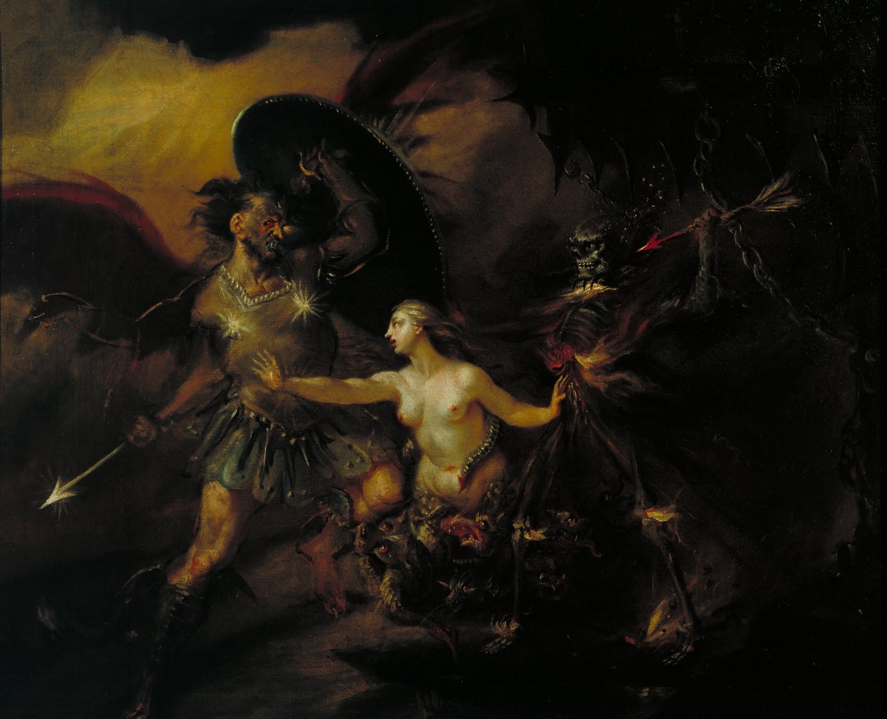 Saatana, synti ja kuolema (kohtaus Miltonsin kadonneesta paratiisista) tekijältä William Hogarth