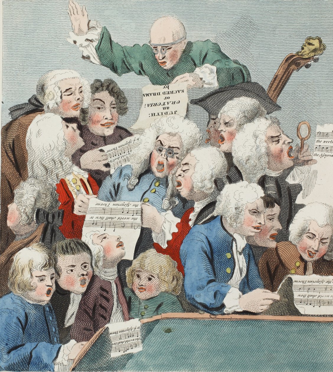 The Chorus or Rehearsal of the Oratorio of Judith, kuvitus teoksesta "Hogarth Restored: The Whole Works of the Familled William Hogarth, re-engraved by Thomas Cook", pub. 1812 (käsin väritetty kaiverrus). tekijältä William Hogarth