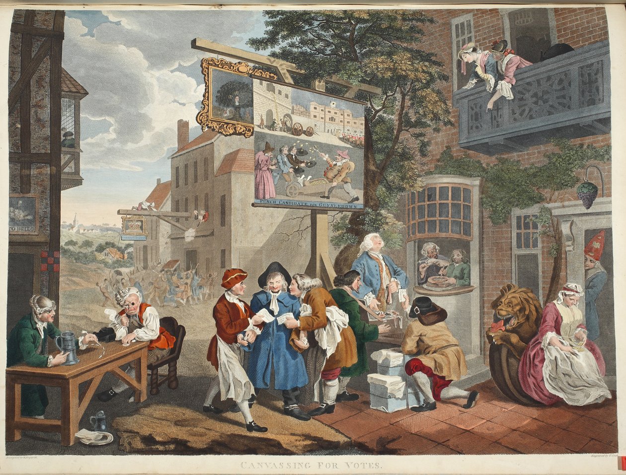 Vaalit II: Hogarth Restored: The Whole Works of the Familled William Hogarth, re-engraved by Thomas Cook", pub. 1812 (käsin väritetty kaiverrus). tekijältä William Hogarth