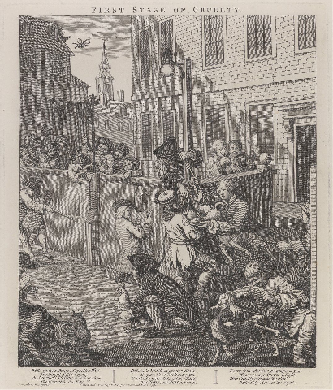 Julmuuden ensimmäinen vaihe- Eläimiä kiduttavat lapset tekijältä William Hogarth