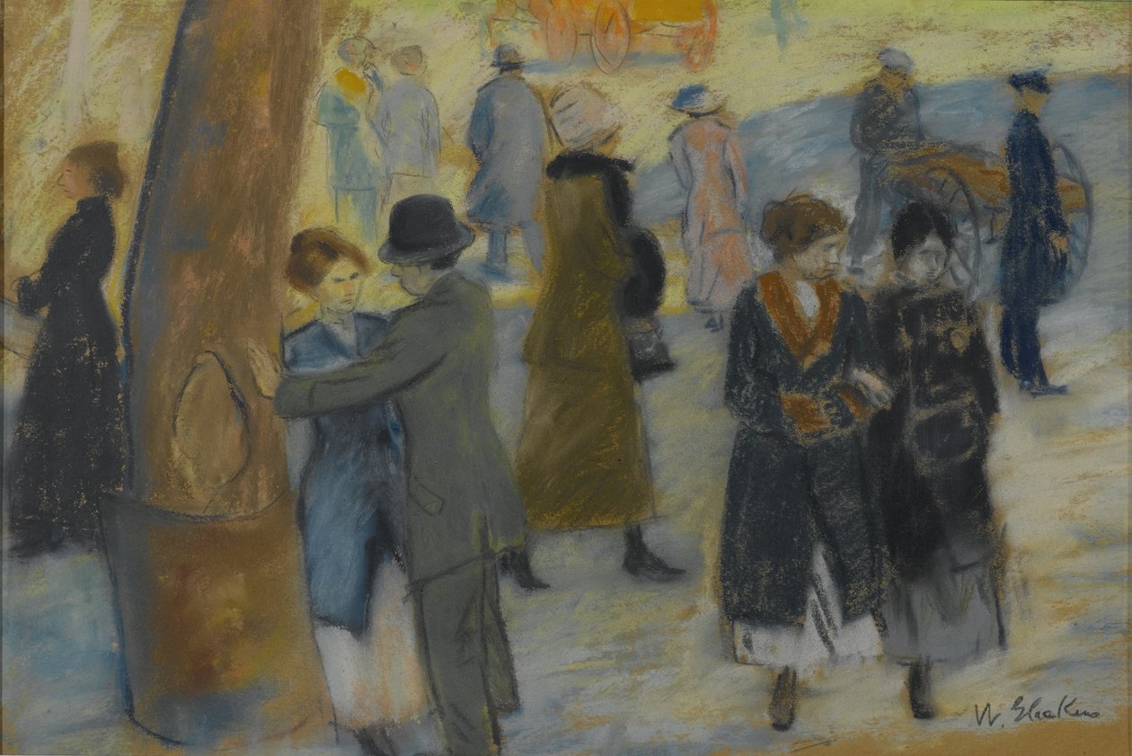 Kaupunkikuvaus, n. 1910 (pastelli taustakuvakappaleen kääntöpuolella) tekijältä William James Glackens