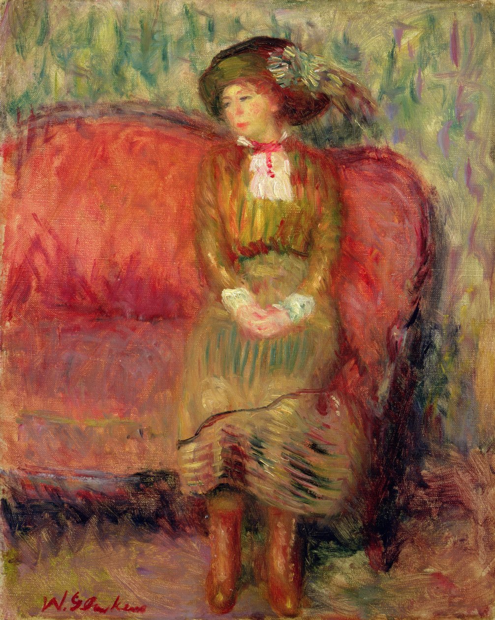 Tyttö istuu punaisella sohvalla tekijältä William James Glackens