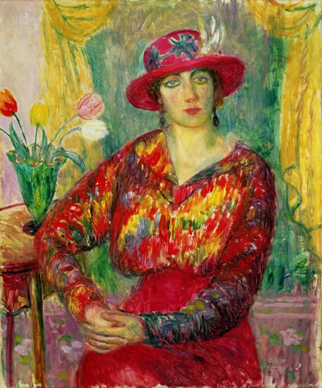 Tyttö punaisessa mekossa ja hatussa tekijältä William James Glackens