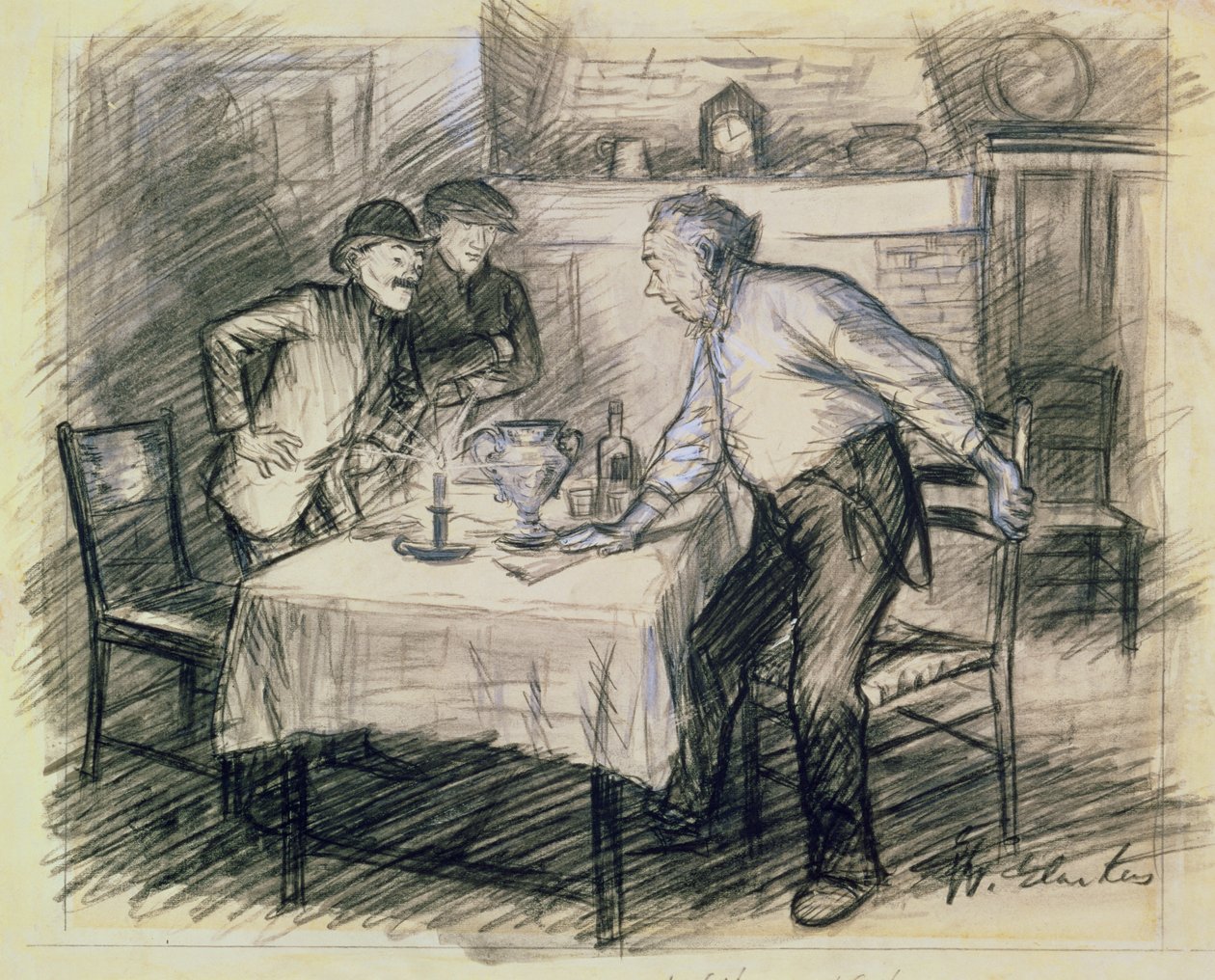 Sisustus, jossa kolme miestä nousee ylös pöydästä (kynä ja pesu paperille) tekijältä William James Glackens